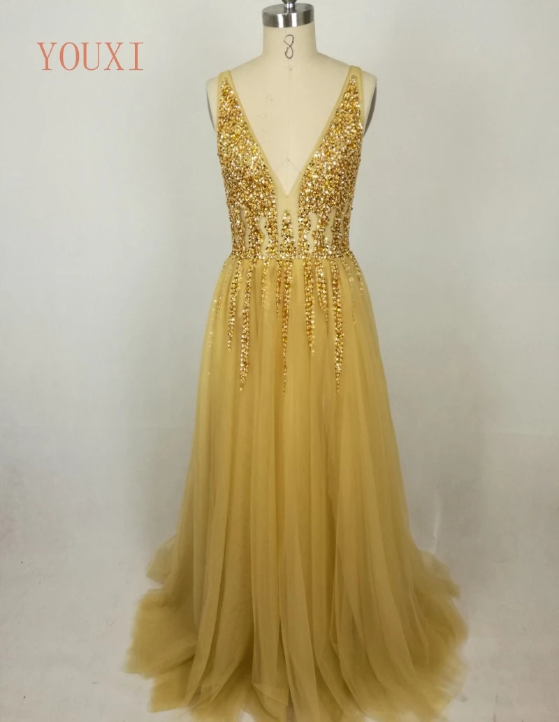 

New V neck Gold Sparkly Vestido de Festa Open Back Evening Gowns 2017 Elegant Sexy See Through High Split Tulle Prom Dress