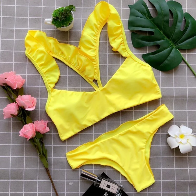 Bonitakinis Yellow Ruffled Belt Swimsuits Bathing Swimwear Bandeau