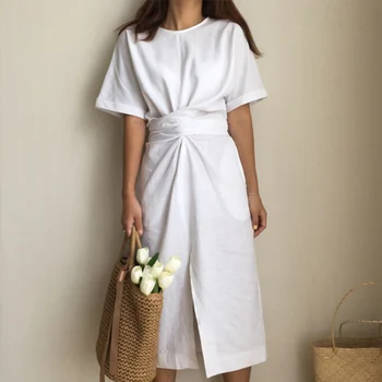 

Half Sleeve Bandage Bow Tie Women Dresses Splite O Neck 2019 Summer Holiday Mid Calf Korean Cute Party Elegant Ladies Maxi Dress
