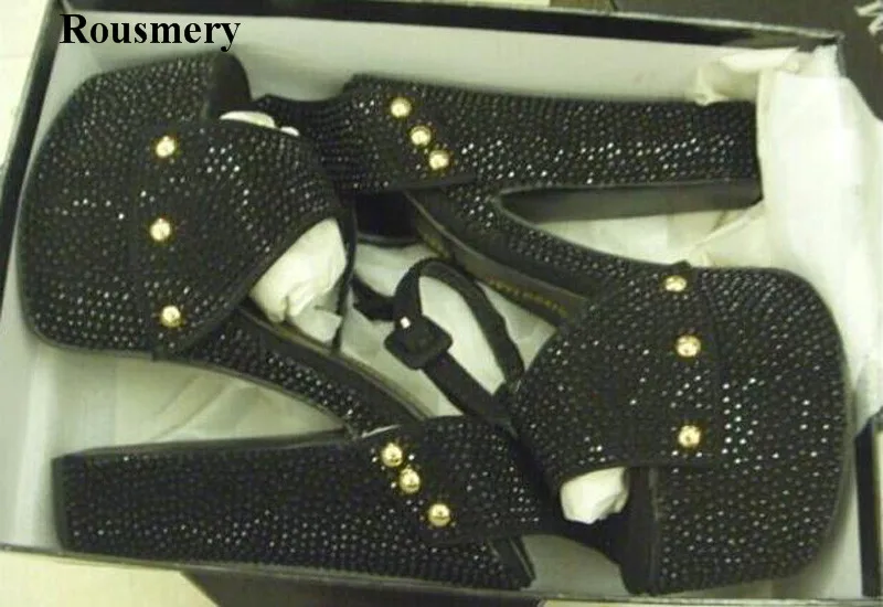 

Summer New Fashion Women Open Toe Rhinestone High Platform Thick Heel Sandals Black Red Crystal Spike High Heel Sandals