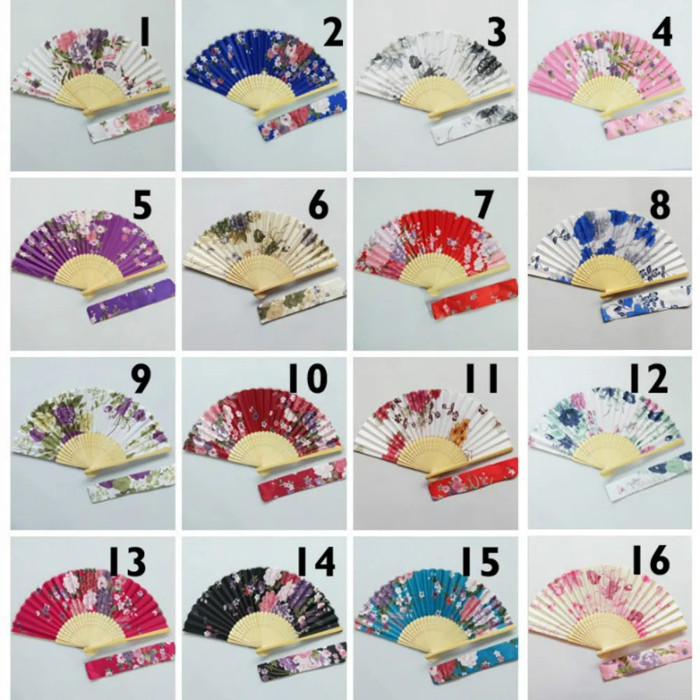 

single Summer vintage bamboo folding hand-held flower fan Japanese style Beautiful cherry color satin fan with Colorful