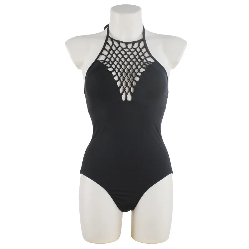 Women's Black Crochet One Piece Swimsuit Swimwear High Neck Brazilian