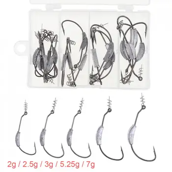 

25pcs Barbed Lead Offset Fishing Hooks with Soft Worm Spring Lock Pin 2g/2.5g/3g/5.25g/7g Crank Fishhooks with Fishing Box