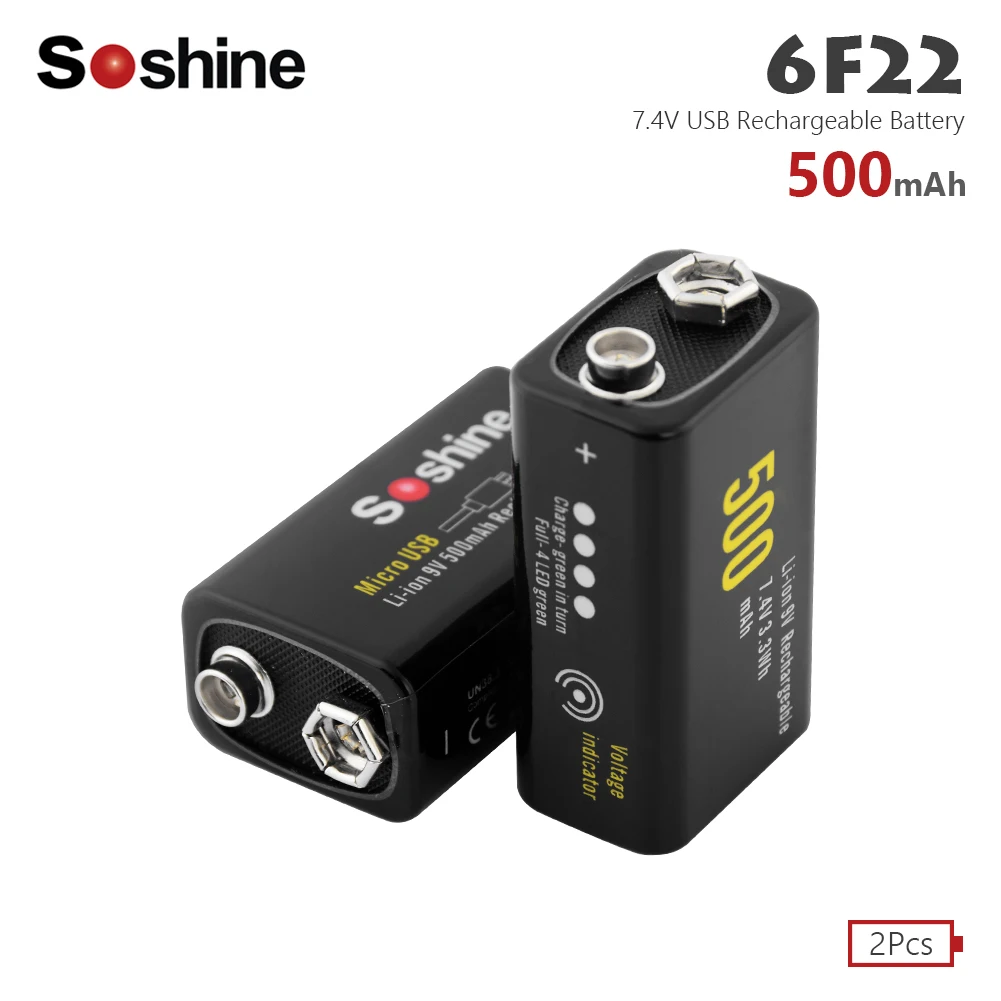 

Soshine 2Pcs 9V 500mAh lithium ion battery 6F22 Micro USB rechargeable battery detector toy rechargeable battery For Smoke Alarm