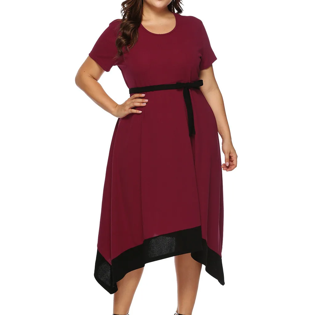 

New Summer Fashion Sexy Large Size short-sleeved Solid Color Round Neck Tie Irregular Dress Dress Women Summer Plus Size
