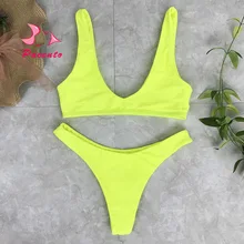 Pacento 3 Colors Fluorescent Yellow High Cut Bikini Brazilian Solid Women’s Swimsuit Sexy Swimwear 2017 New Beach Wear Plavky XL