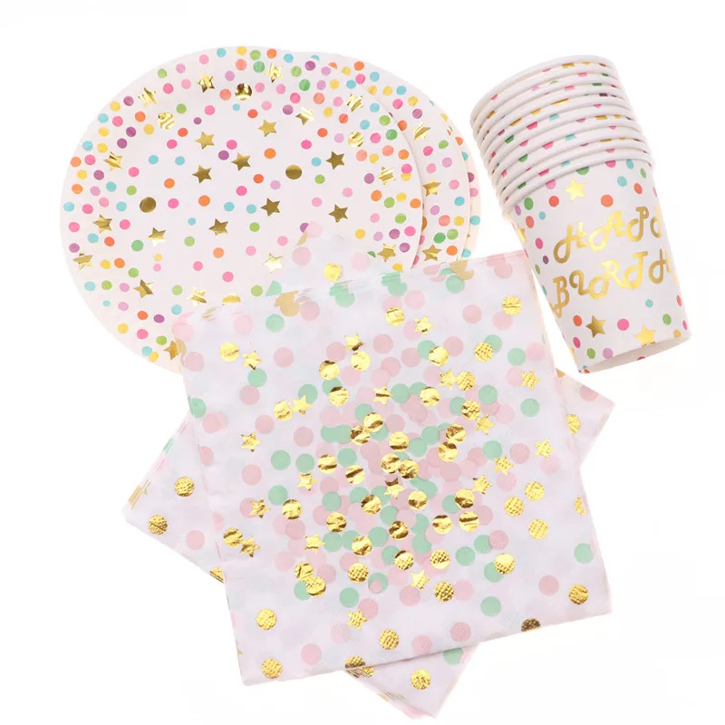 

40pcs/lot Cartoon Star Dot Hot stamping Plate napkins cup tableware for party home supplies decoration Wedding Christmas