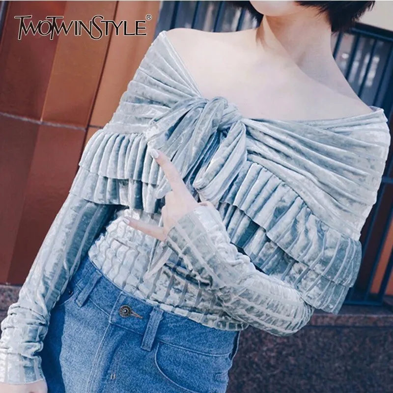 

TWOTWINSTYLE Autumn Bodysuit For Women Slash Neck Off Shoulder Bow Lace Up Women's Bodysuits Fashion Sweet Clothing Tide 2019