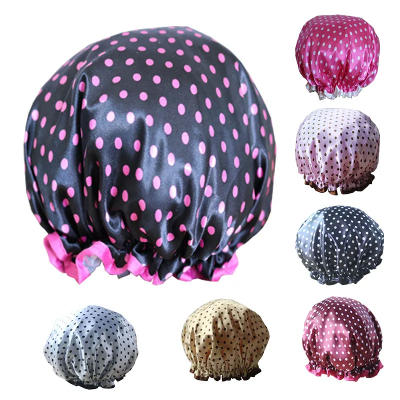 

2019 Lovely Thick Women Shower Caps Colorful Double Layer Bath Shower Hair Cover Adults Waterproof Hot Sale Hair Bonnet