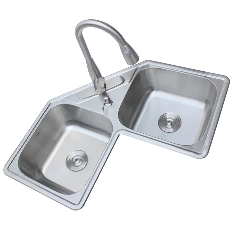 Us 525 99 Corner Sink Kitchen 304 Stainless Steel Double Sink Corner Wash Basin With Pulling Faucet Vegetable Fruit Wash Pool Mx3291200 In Kitchen