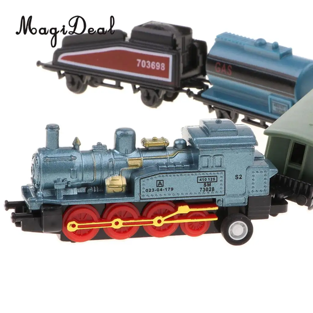 4Pcs Blue Mini Steam Train Set, 1 Locomotive Engine and 3 Railway Carriages, Kids Toddler Fun Toy Collectibles