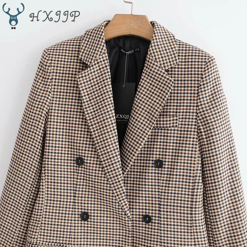 Spring and Autumn Suit Collar Jackets Double-breasted Long-sleeved Slim  Plaid  Full  Women Blazers and Jackets