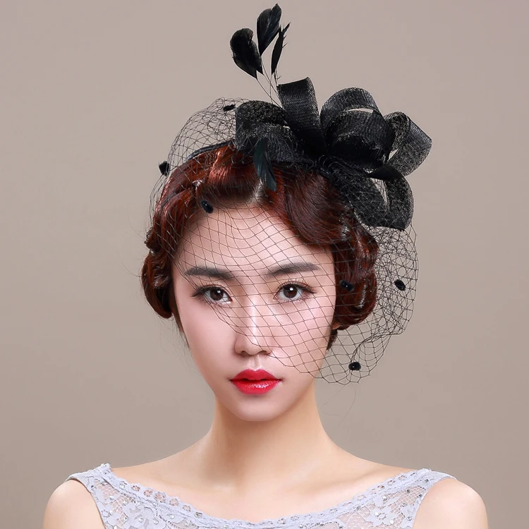 Original Design Black Wedding Veil Hats With Feather and Flower
