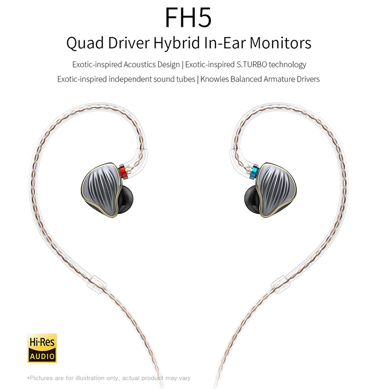 FiiO FH5 Quad Driver Hybrid HIFI наушники-вкладыши мониторы наушники с Ноулз сбалансированная арматура драйверы съемный кабель MMCX