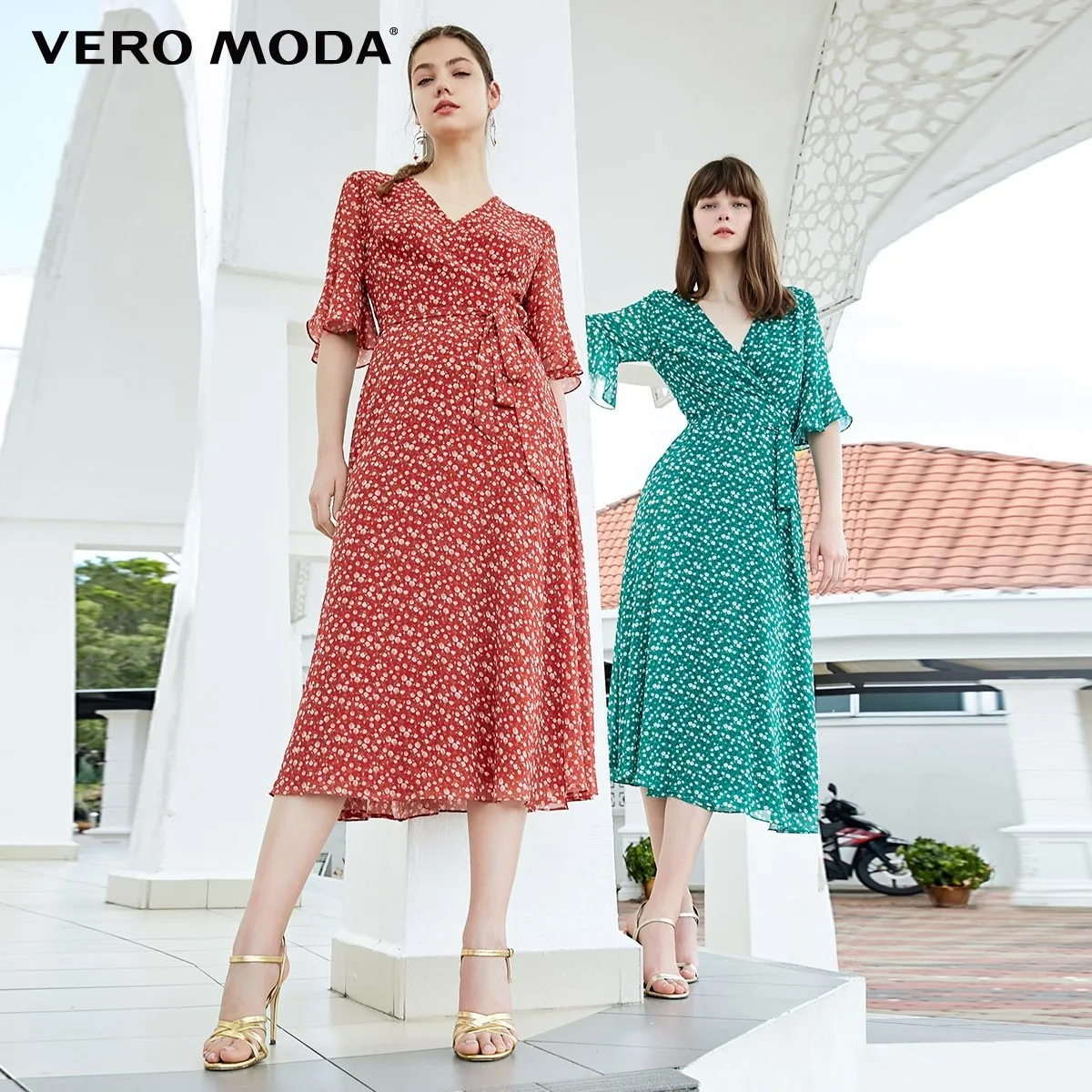 Vero Moda летнее в горошек платье с оборками на рукавах на шнуровке с запахом | 31926Z534