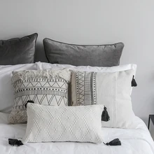 Этнический чехол для подушки, декоративный чехол для подушки, скандинавские Геометрические черно-белые линии, кисточки, современный Декор для дома, офиса, дивана, стула, 45x45