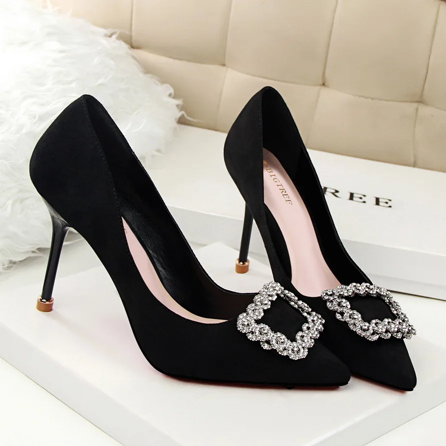 

New Temperament Women Shoes with High Heel Shallow Mouth Suede Slim Pedicure Tip Buckle Rhinestone Single Shoes Wedding Shoes