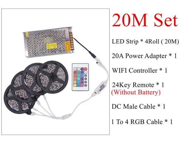 Tira светодиодный 5050 RGB resistente al agua 5 м 10 м 15 м 20 м DC 12 В tiras de luz светодиодный 60 светодиодный/m con 24Key контроллер Wifi soporte musi - Испускаемый цвет: RGB