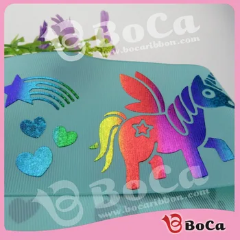 

Wholesales 100 yard/roll 3"75mm rainbow color unicorn hologram foil printed grosgrain ribbon