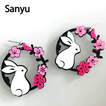 

New Colorful Rabbit Sit On The Wreath Hollow Out Acrylic Drop Earrings Animal Flower Geometric Lovely Dangle Earrings for Female