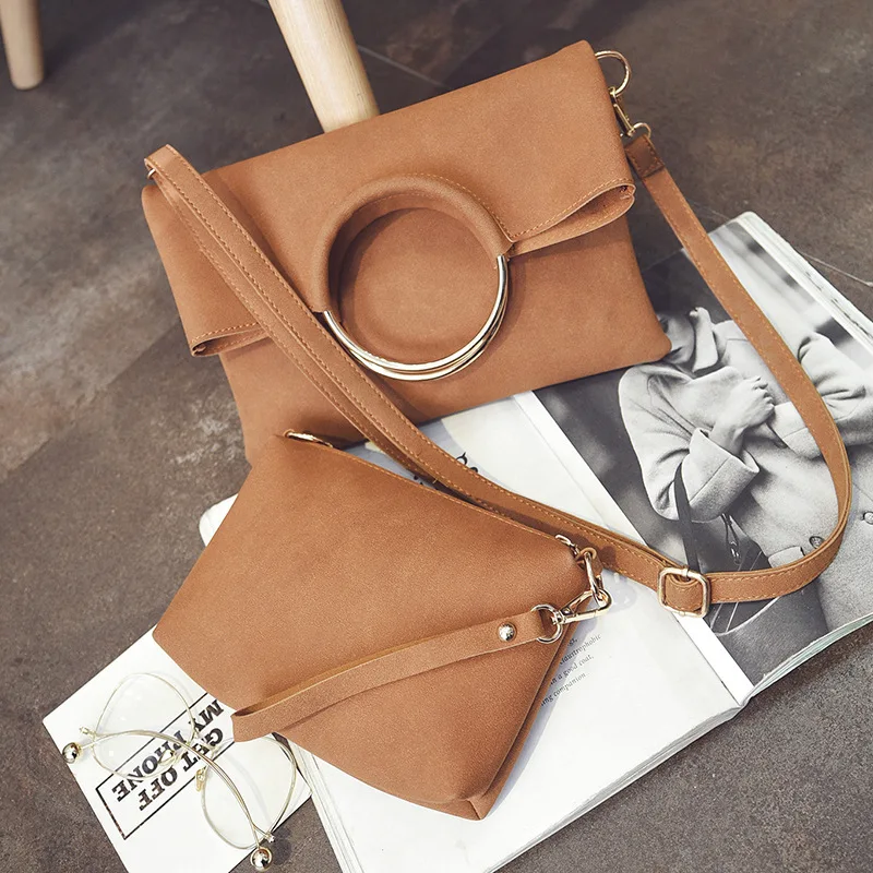 Fashion new 2 pcs Women Handbags High-quality Matte PU Leather Women bag Open Metal Ring Envelopes Portable Shoulder bag