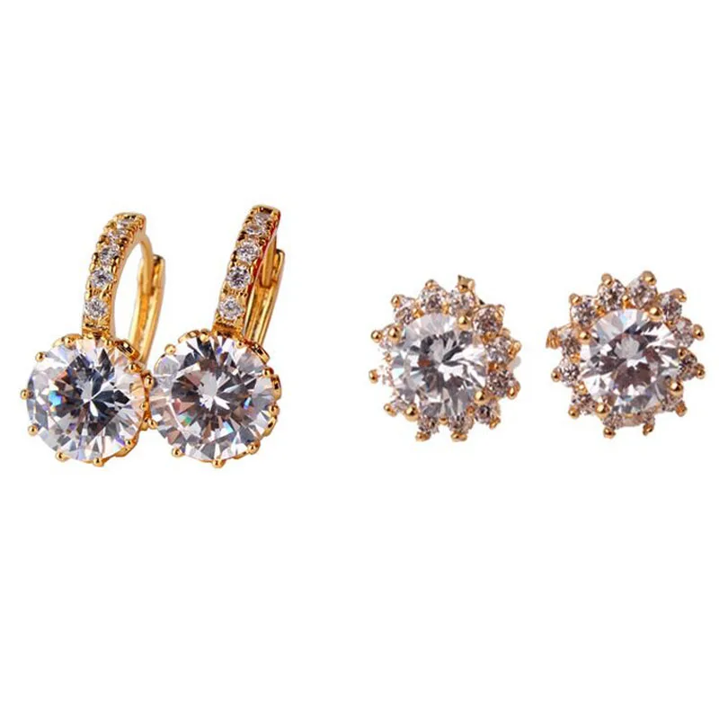 

2016 Fashion Yellow Gold-color Earrings Stud Earrings for Women Round White Crystal Earring Jewelry E006a+E300c