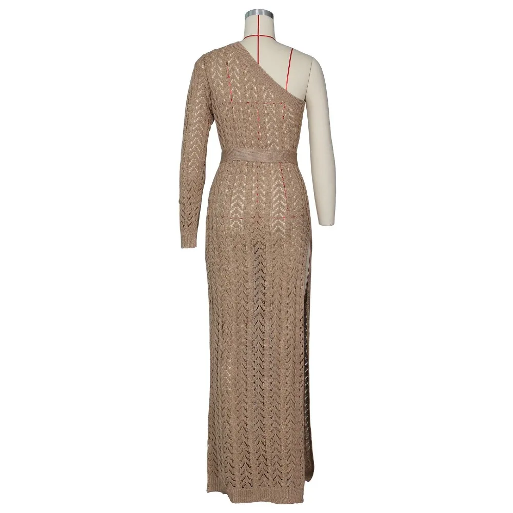 JRRY Sexy High Slit Knitted Dress One Shoulder Hollow Out Women Crochet Dresses  Long Crocheted Beach Dress Vestidos vintage clothing stores