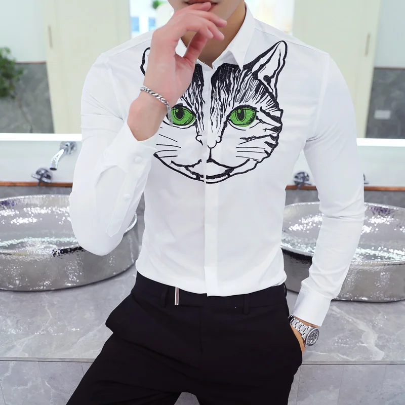 

YC097*2018 New Style Embroidered Cat head men long sleeved shirt, night shop hairstylist shirt P60