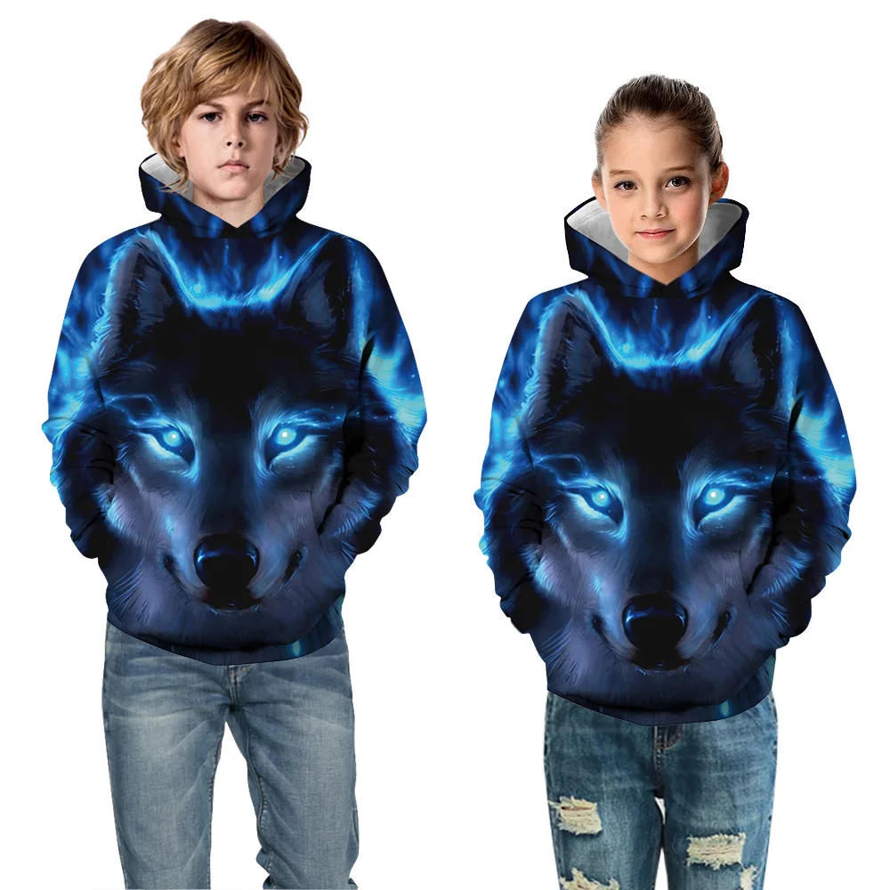 Толстовки с капюшоном для мальчиков и девочек осенний свитер с 3D-принтом волка и Тигра для детей, пуловер с капюшоном для подростков, От 4 до 12 лет
