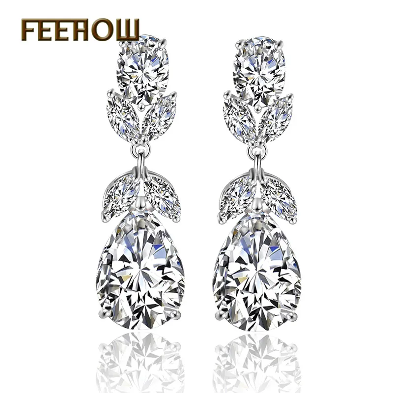 

FEEHOW New Arrival CZ Zirconia Leaf Shape Drop Earrings Fashion Crystal Teardrop Bridal Jewelry for Women Accessories FWEP2218