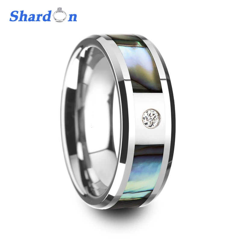 

SHARDON ring wedding band with big stone Mother of Pearl Inlay Tungsten Carbide Ring with Beveled Edges and White Cubic Zirconia