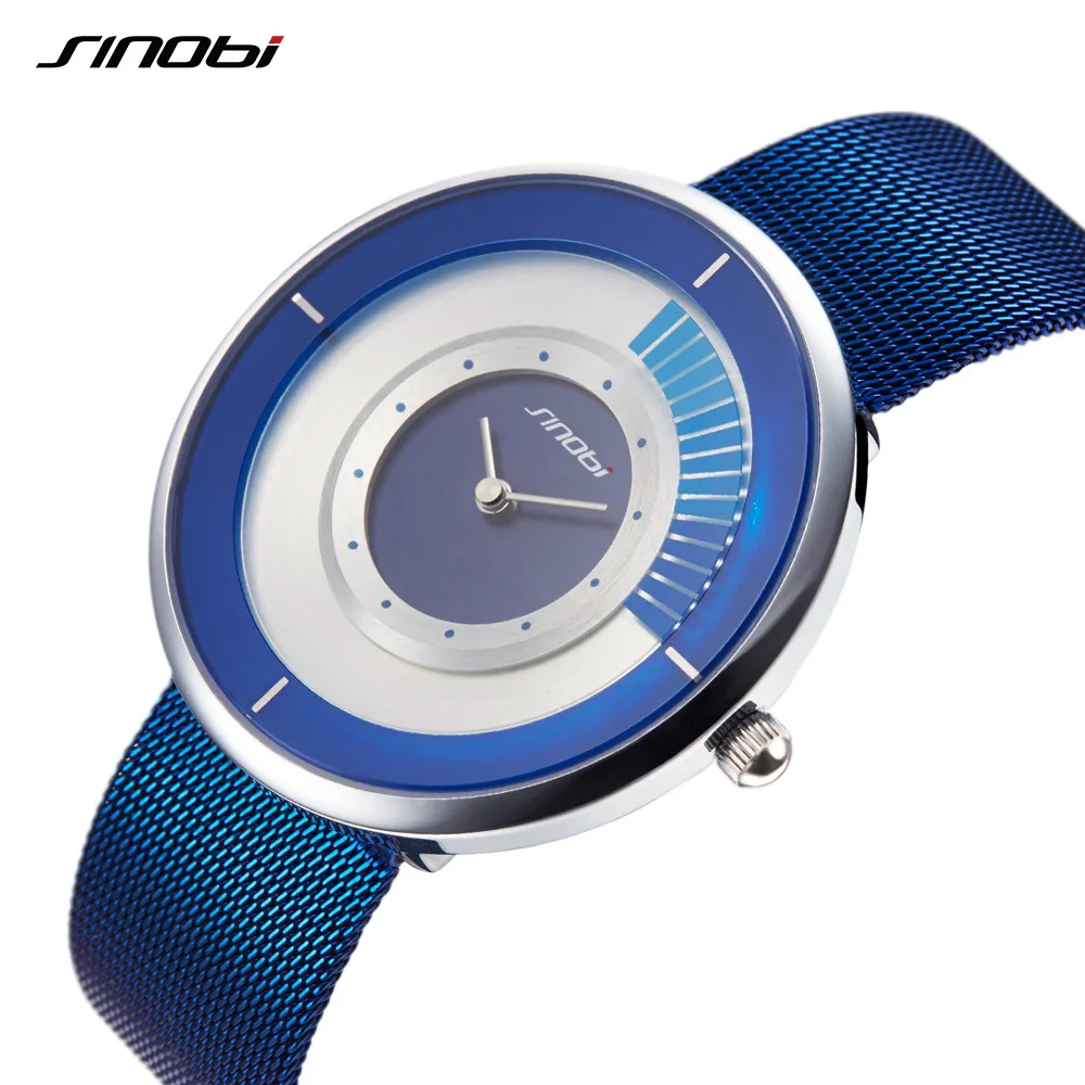 

SINOBI Brand New Fashion Blue Watches Men Stainless Steel Mesh Band Quartz Wrist Watch Men Clock Waterproof Hours relogio 2018