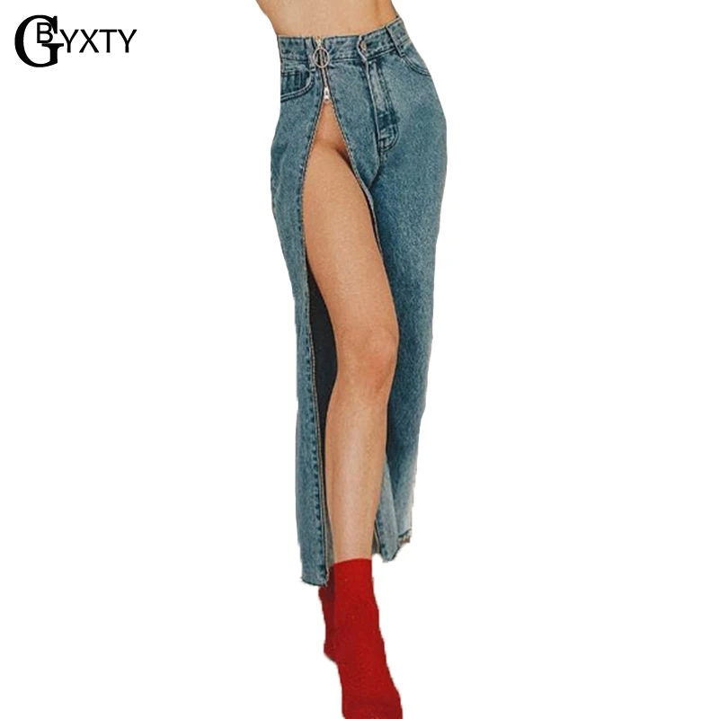 GBYXTY Sexy Split Zipper Jeans Women Vintage High Waist Wide Leg Denim Pants Fashion Female Loose Trousers Jeans Capris ZA598