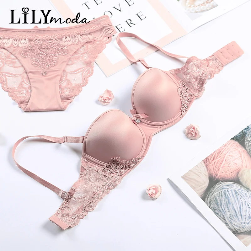 Lilymoda, гладкая футболка, бюстгальтер, кружево, вышивка, бюстгальтер, трусики, комплект нижнего белья для женщин, пуш-ап, половина чашки, сексуальное бесшовное нижнее белье, бюстгальтер