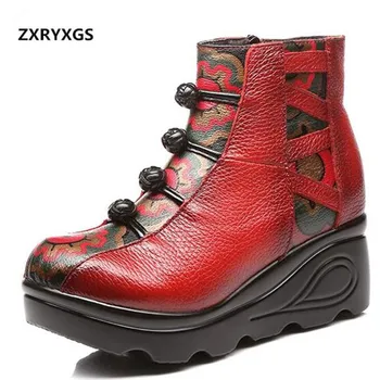 

Original Handmade Printing Genuine Leather Boots 2019 New Winter Women Fashion Shoes Platform Wedges Ankle Boots Women Boots
