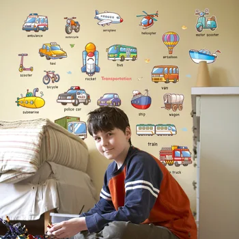 

Cartoon diverse car boat wall sticker kids room outer space planet galaxy rockets ship decorative wall mural for children rooms