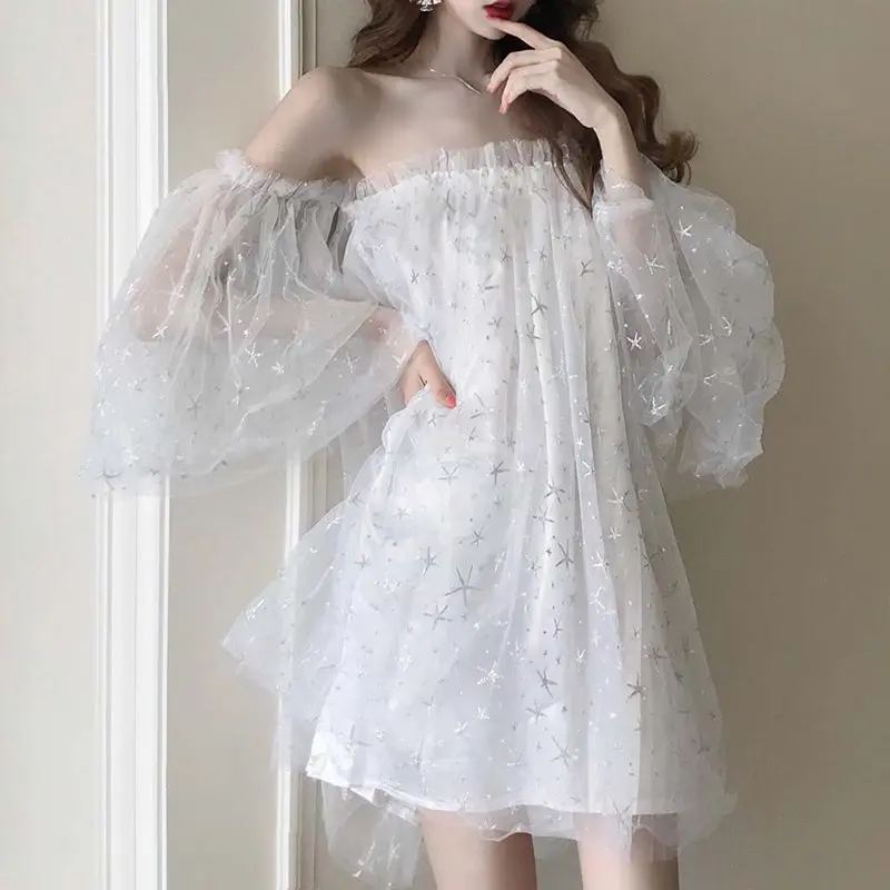 

Summer Sweet Cute Elegant Gothic Vintage Women Mini Dresses 2019 Flare Sleeve Star Sequins Mesh Off Shoulder Chic Female Dress