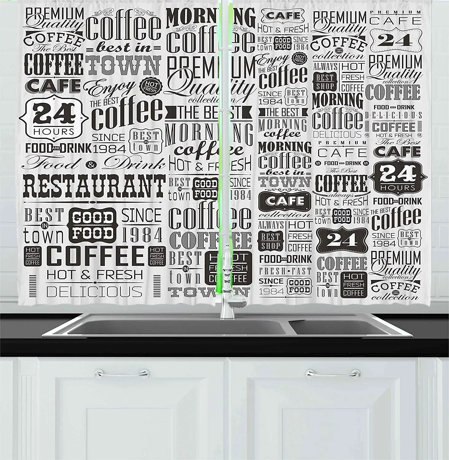 

Vintage Kitchen Curtains Retro Style Texts and Typographic Icons Vintage Coffee Shop Restaurant Window Decor Panel Set for