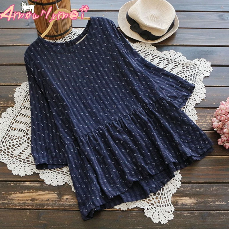 

2018 Summer New Women's Mori Girl Vintage Floral Print O-neck Back Button 3/4 Sleeve Cotton Linen Casual Bouse Shirt Tops Female