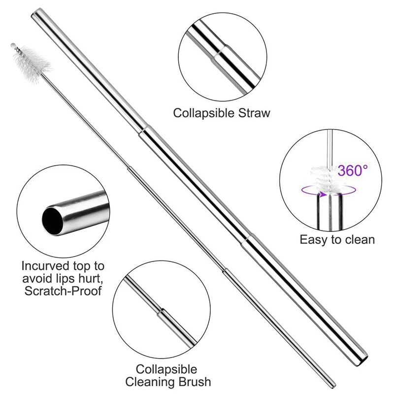 Складная соломка из нержавеющей стали многоразовая гнущаяся соломинка для напитков с футляром и щетка для чистки путешествий домашнего офиса