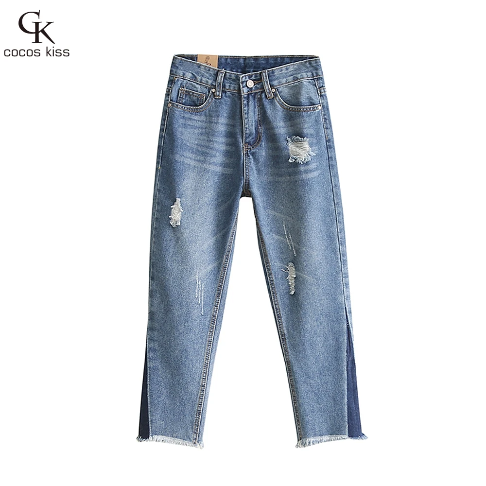 

2017 New Fashion Style Woman Side Triangle Color Worn Old Jeans