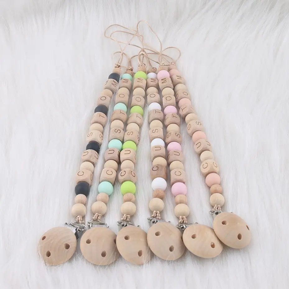 1PC Pacifier Chain DIY Crafts Personalised Gifts Custom Baby Name Dummy Chain Wooden Beads Wood Teether Chew Toys Pacifier Clip