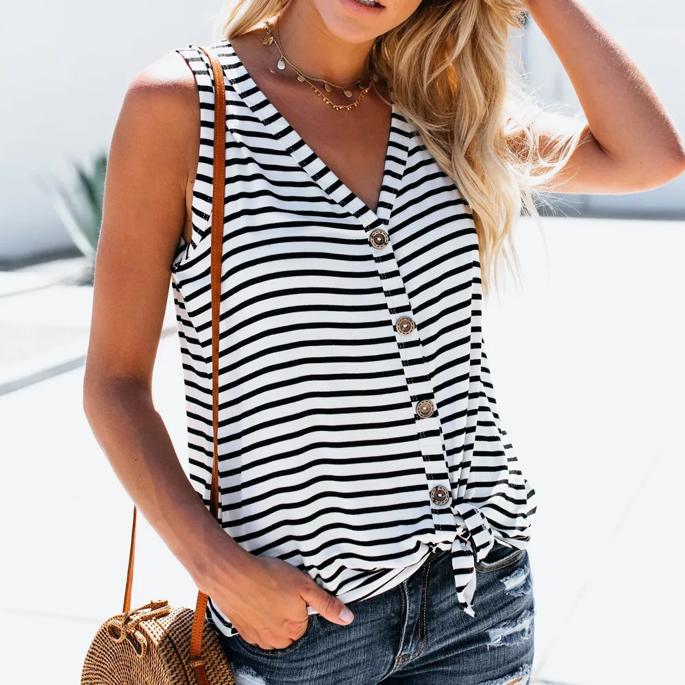 

Blouse 2019 Fashion Women Blouses and Sexy Sleeveless V-Neck Striped Tops Outdoor Shirt Casual Tops Blusas Chemise Femme LJ&50
