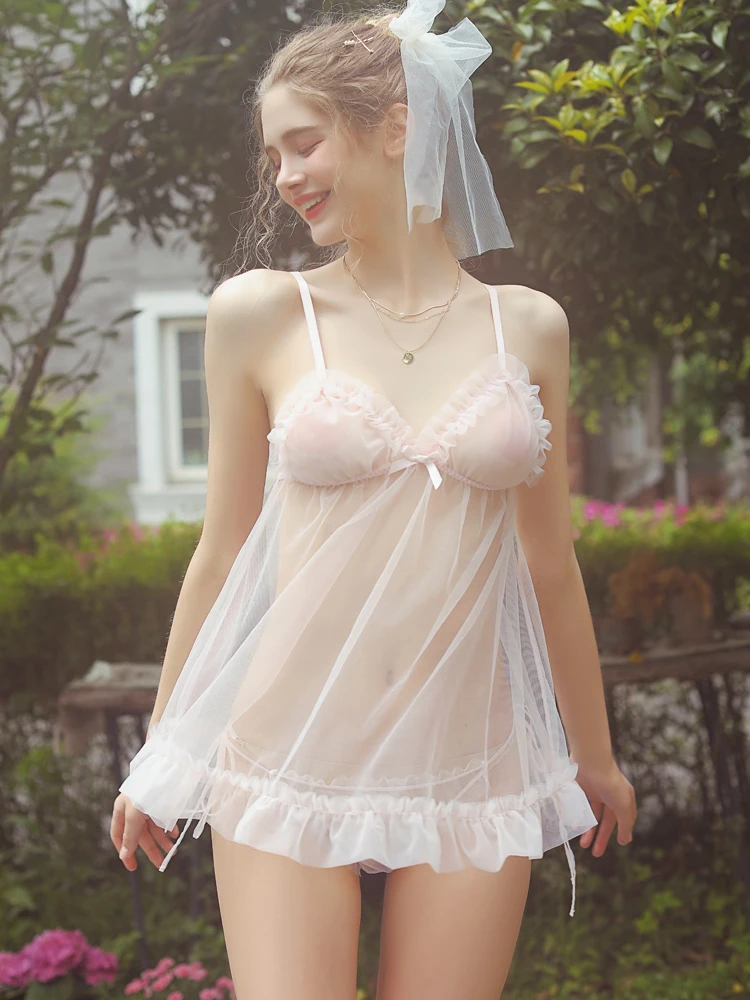

Yhotmeng sexy girl powder pajamas mesh perspective strap nightdress sexy temptation underwear nightdress suit