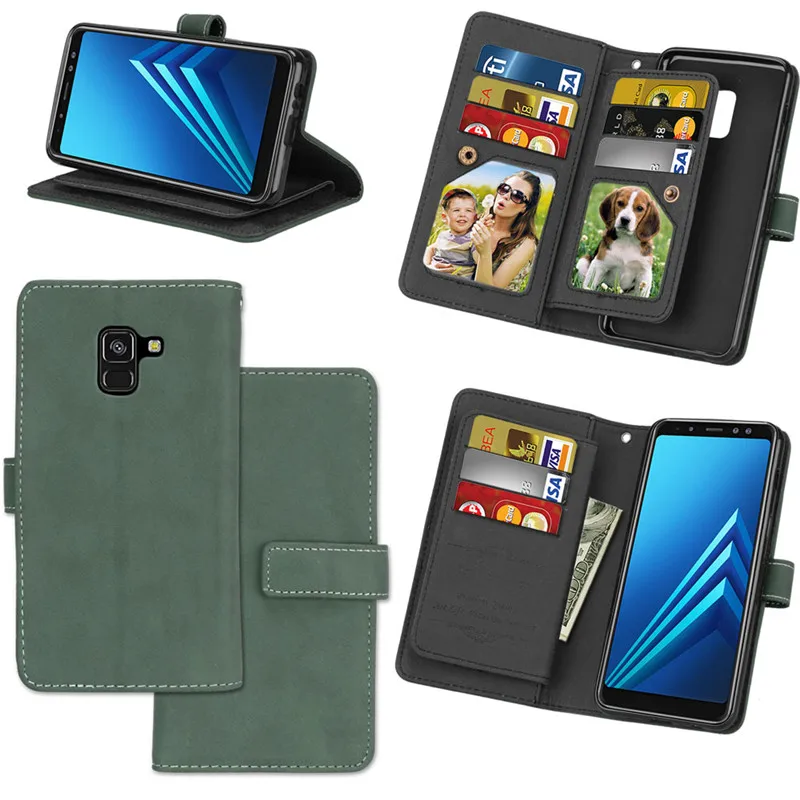 Для Samsung Galaxy J3 J5 J7 A3 A5 A7 A6 A8 плюс J4 J6 J8 чехол роскошный кожаный девяти карт чехол-портмоне с откидной крышкой - Цвет: ArmyGreen