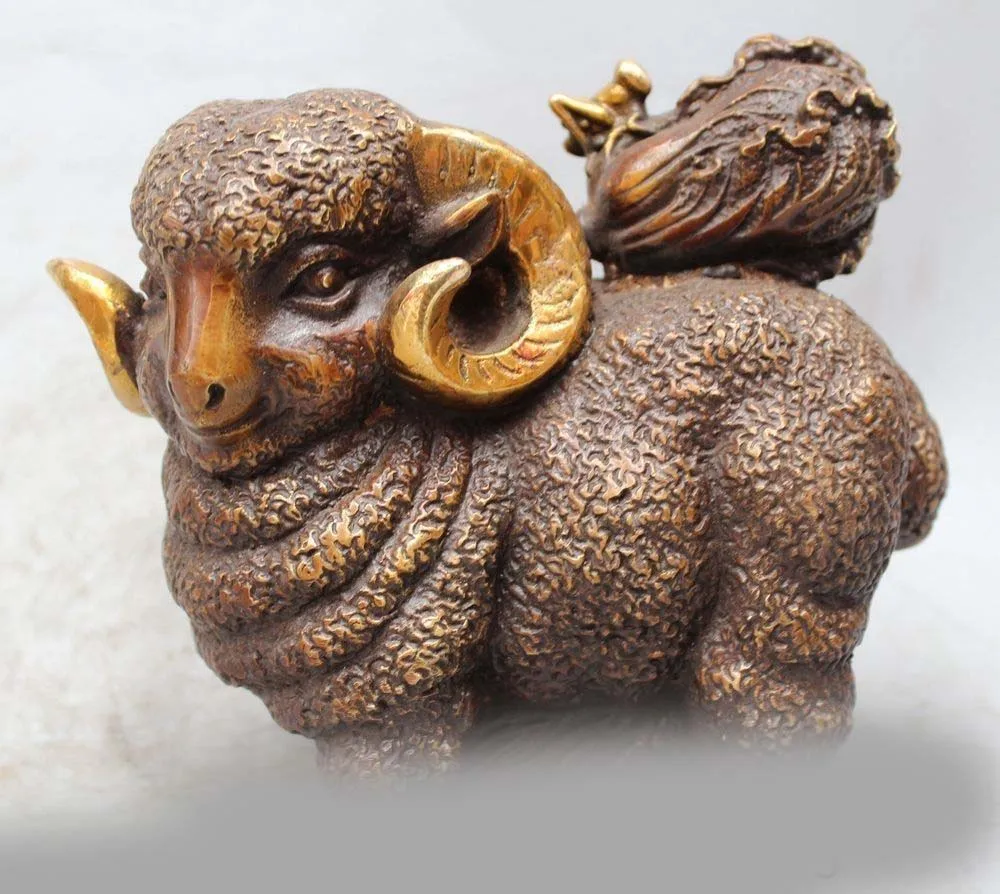 

6" Chinese Folk Feng Shui Bronze Gild Wealth Zodiac Year Sheep cabbage Statue