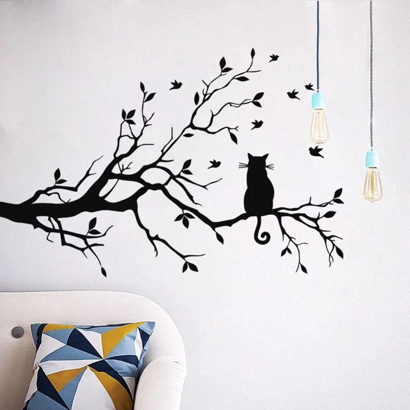 Cat on tree branch leaves wall sticker