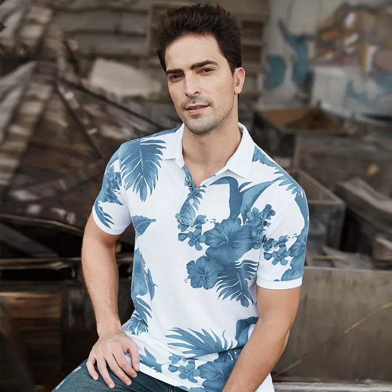 

GustOmerD Summer New Fashion Men's Cotton Printed Short-sleeved Polo shirt Casual Shirt Round Neck Polo shirt Men