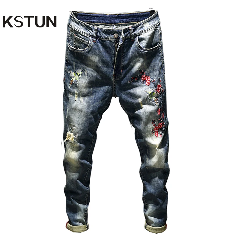 

Skinny Jeans for Men White Black Blue Elasticity Embroidery Flowers Hiphop Streetwear Frayed Tapered Slim Leg Man Long Trousers