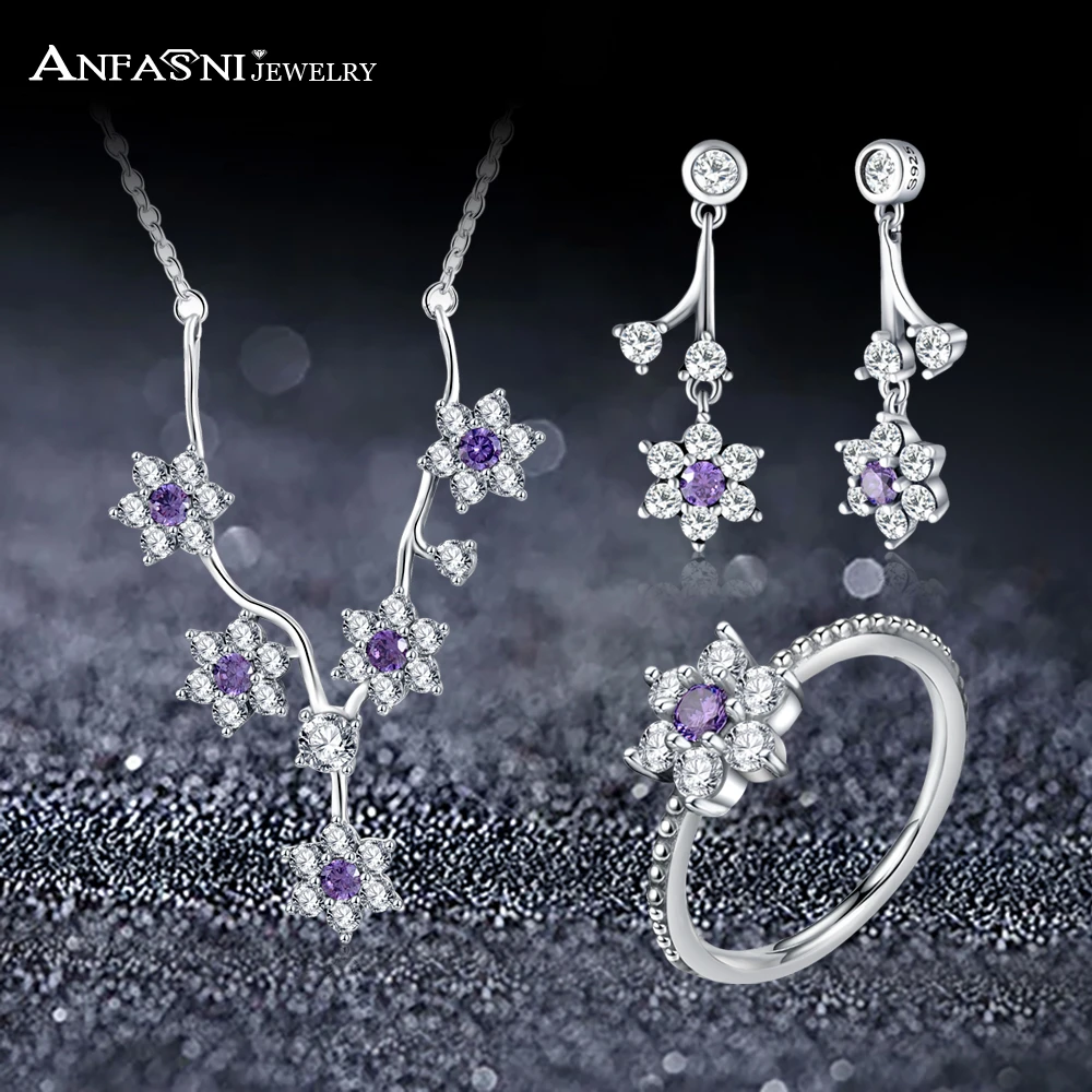 

ANFASNI Real 925 Sterling Silver Jewelry Set Forget Me Not Flower With Clear and Purple CZ For Women Jewelry Accessories